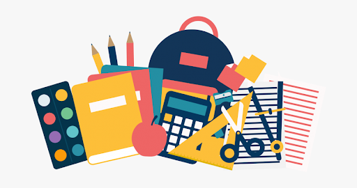 animated picture of a back pack and school supplies